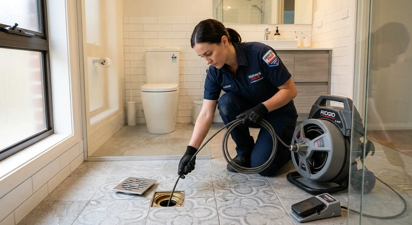 Technician clearing a bathroom floor drain for Drain Cleaning in Hobe Sound